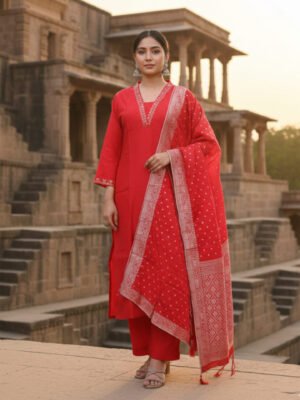 Red Embroidered Kurta Set with Banarasi Dupatta