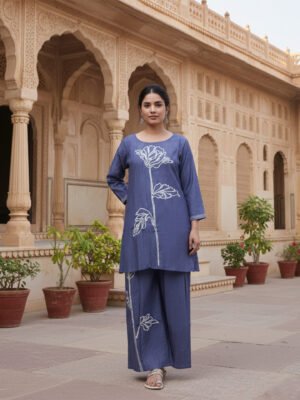 Indigo Blue Floral Applique Kurta Pant Set