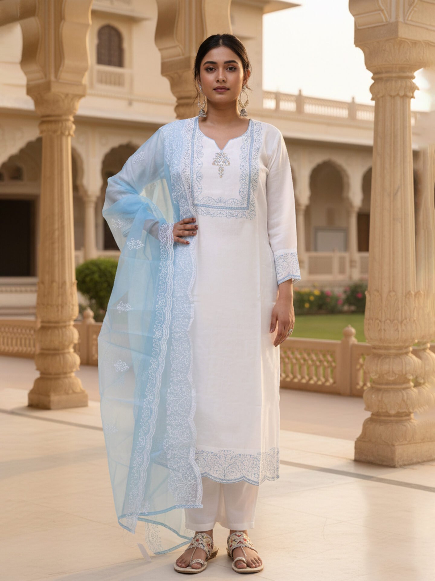 White and Sky Blue Embroidered Kurta Set with Organza Dupatta
