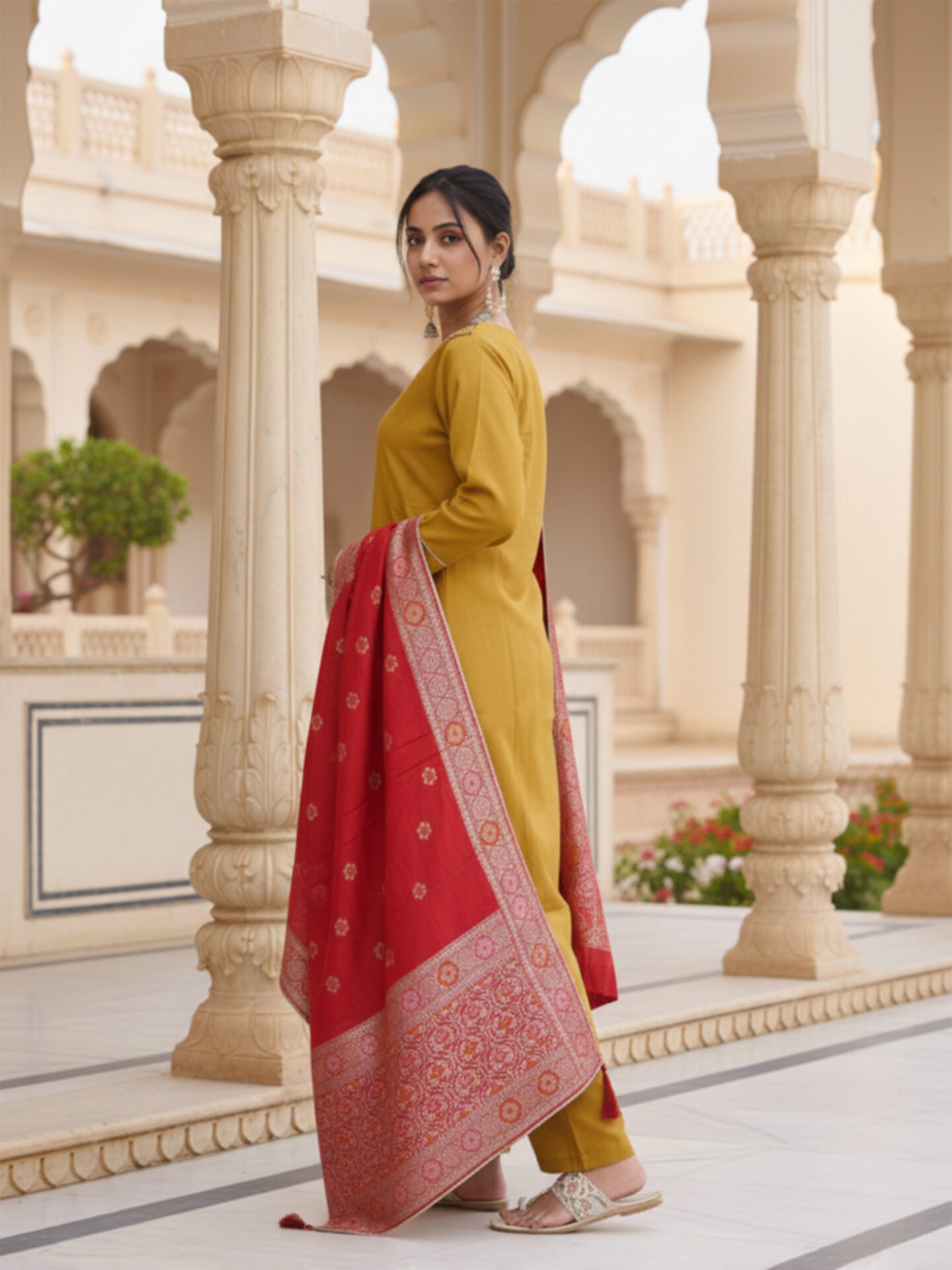 Mustard Kurta Set with Red Zari Dupatta - Image 2