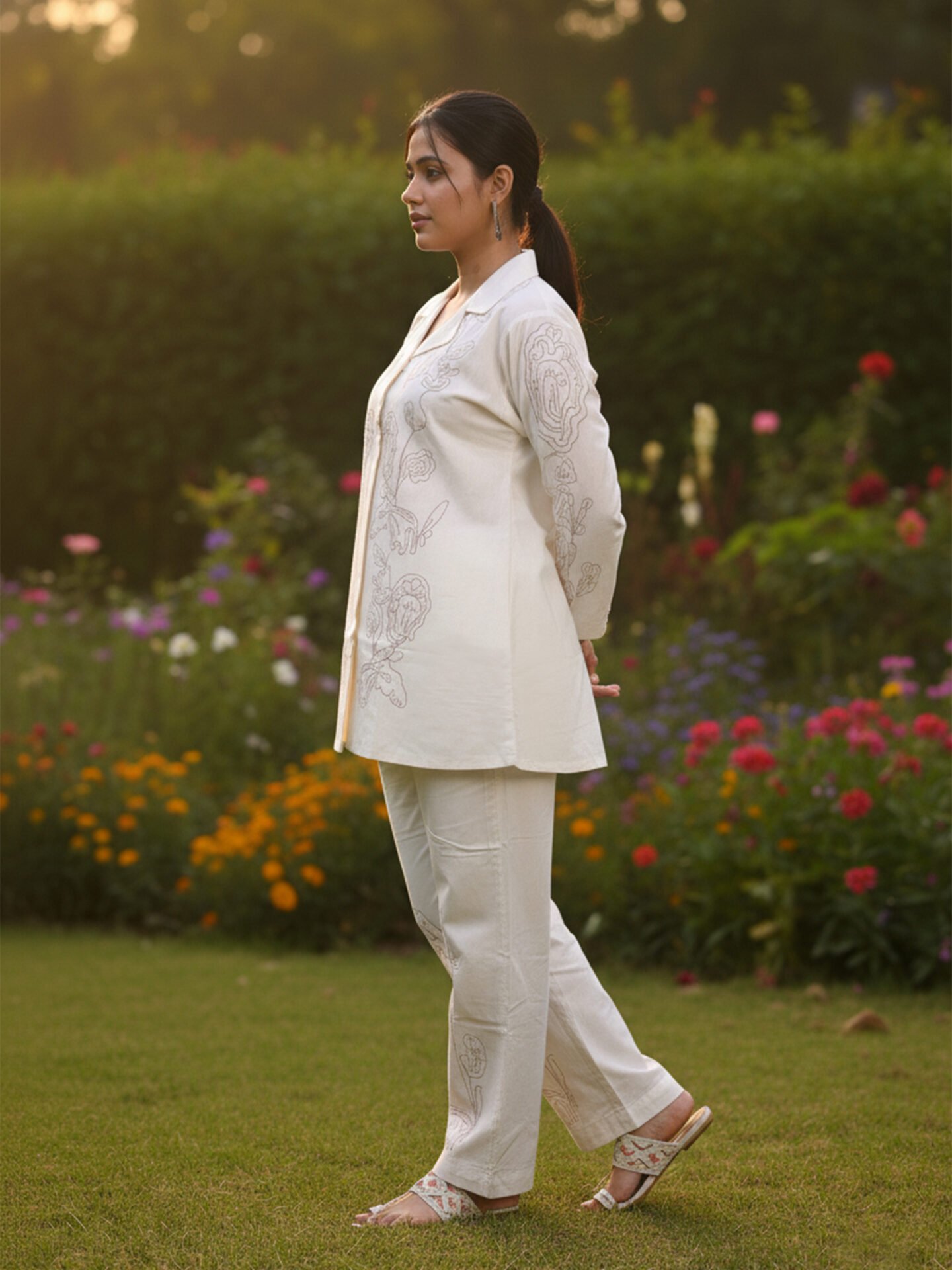 White Line-Art Embroidered Shirt Tunic Set - Image 3
