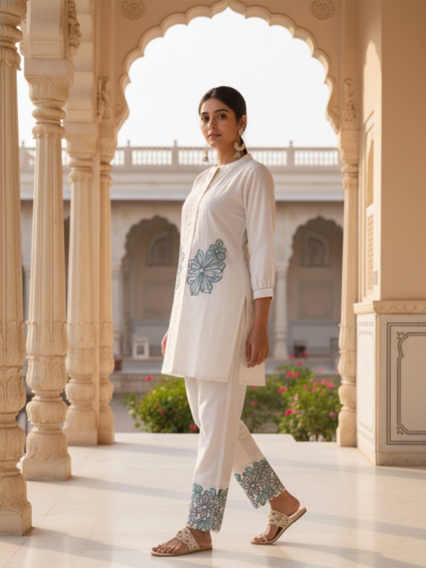 White Floral Embroidered Long Kurta Co-Ord Set - Image 2