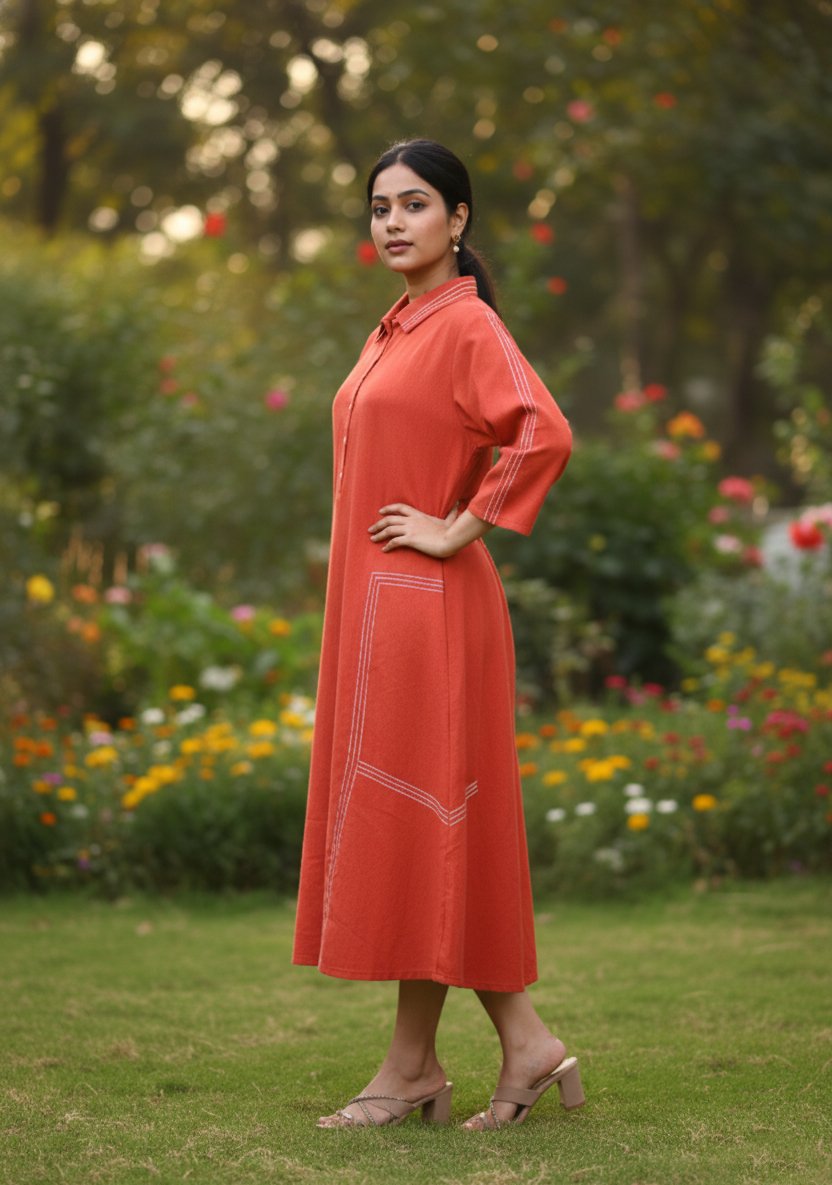 Coral Orange Collared Tunic Dress - Image 4