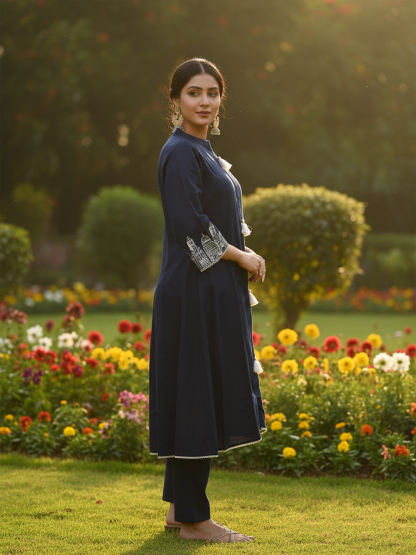 Navy Blue Tassel Detail Embroidered Kurta - Image 3