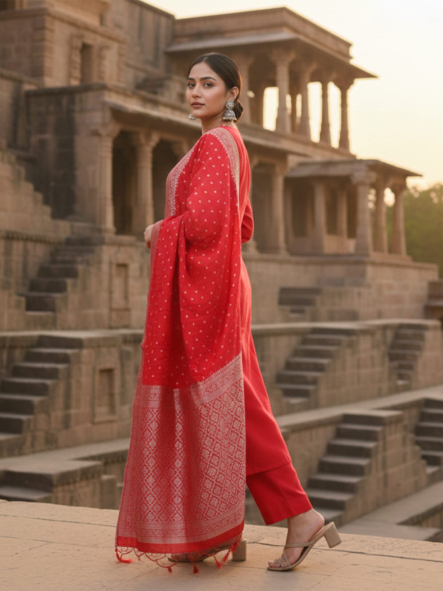 Red Embroidered Kurta Set with Banarasi Dupatta - Image 2