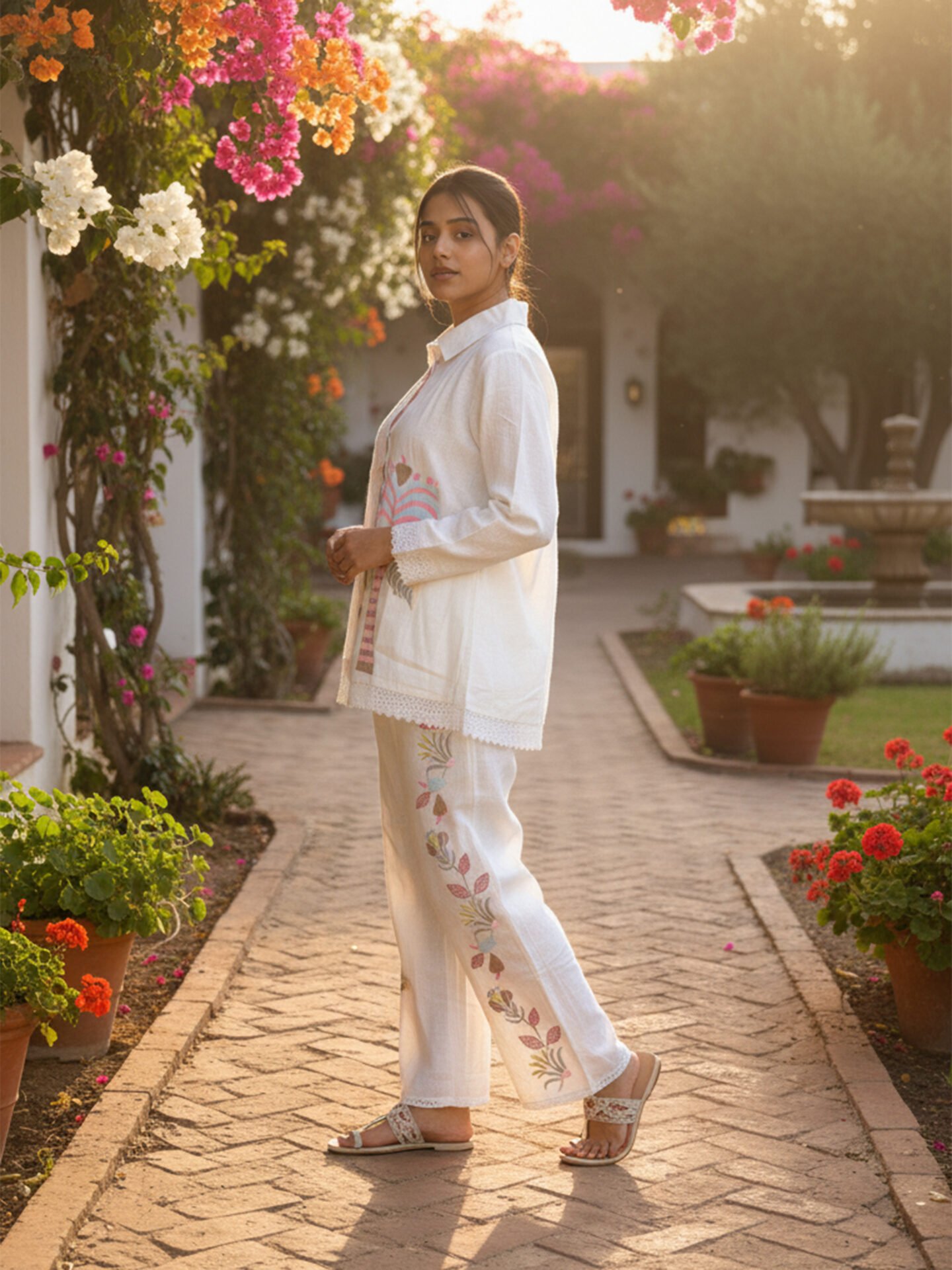 White Printed Embroidered Shirt Co-Ord Set - Image 4