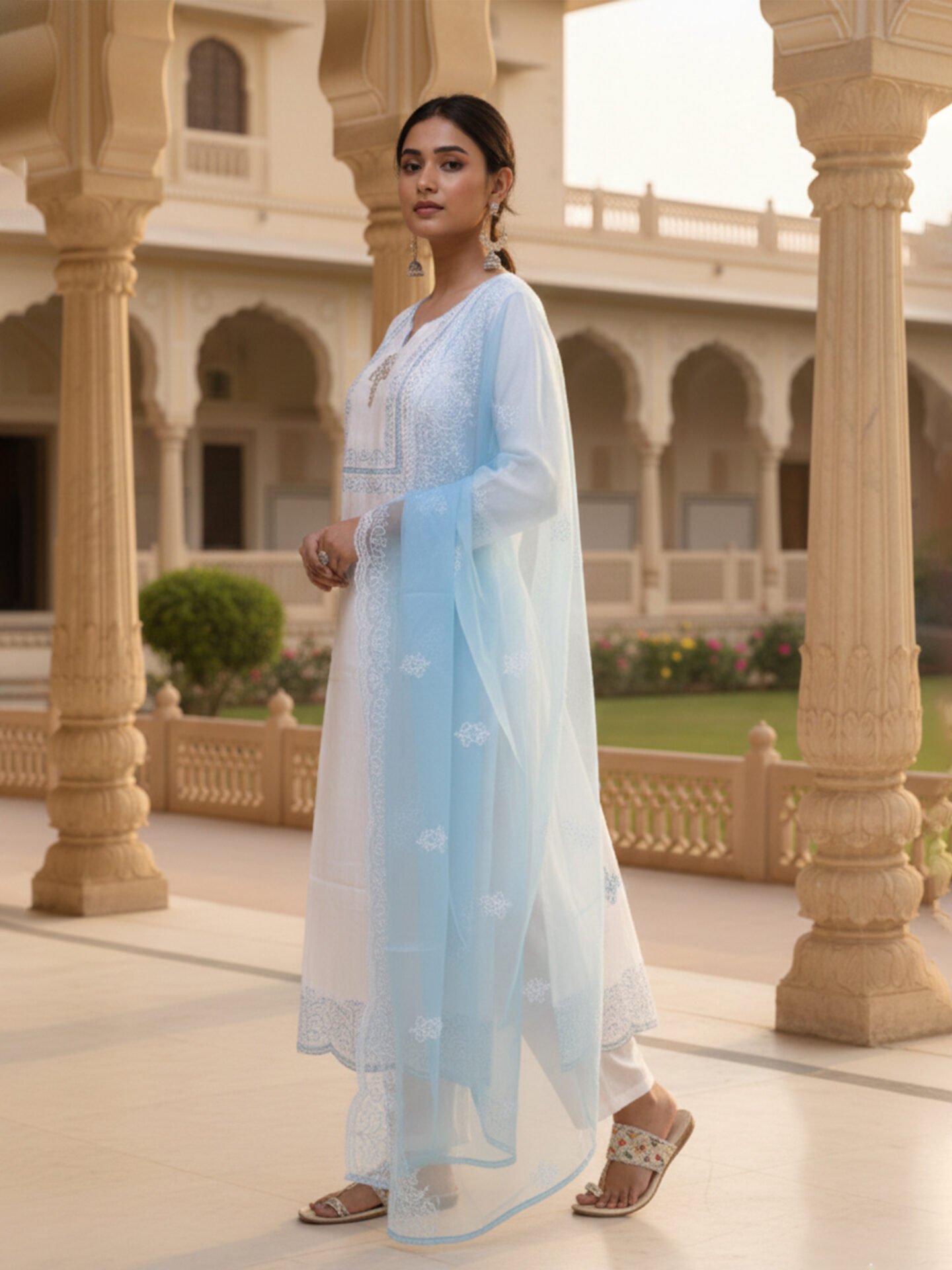White and Sky Blue Embroidered Kurta Set with Organza Dupatta - Image 2