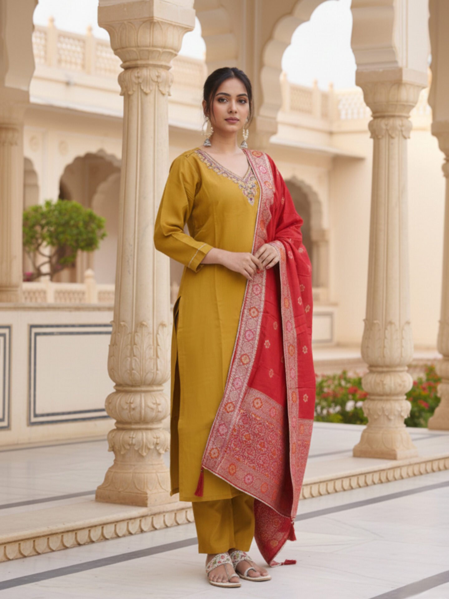 Mustard Kurta Set with Red Zari Dupatta - Image 4