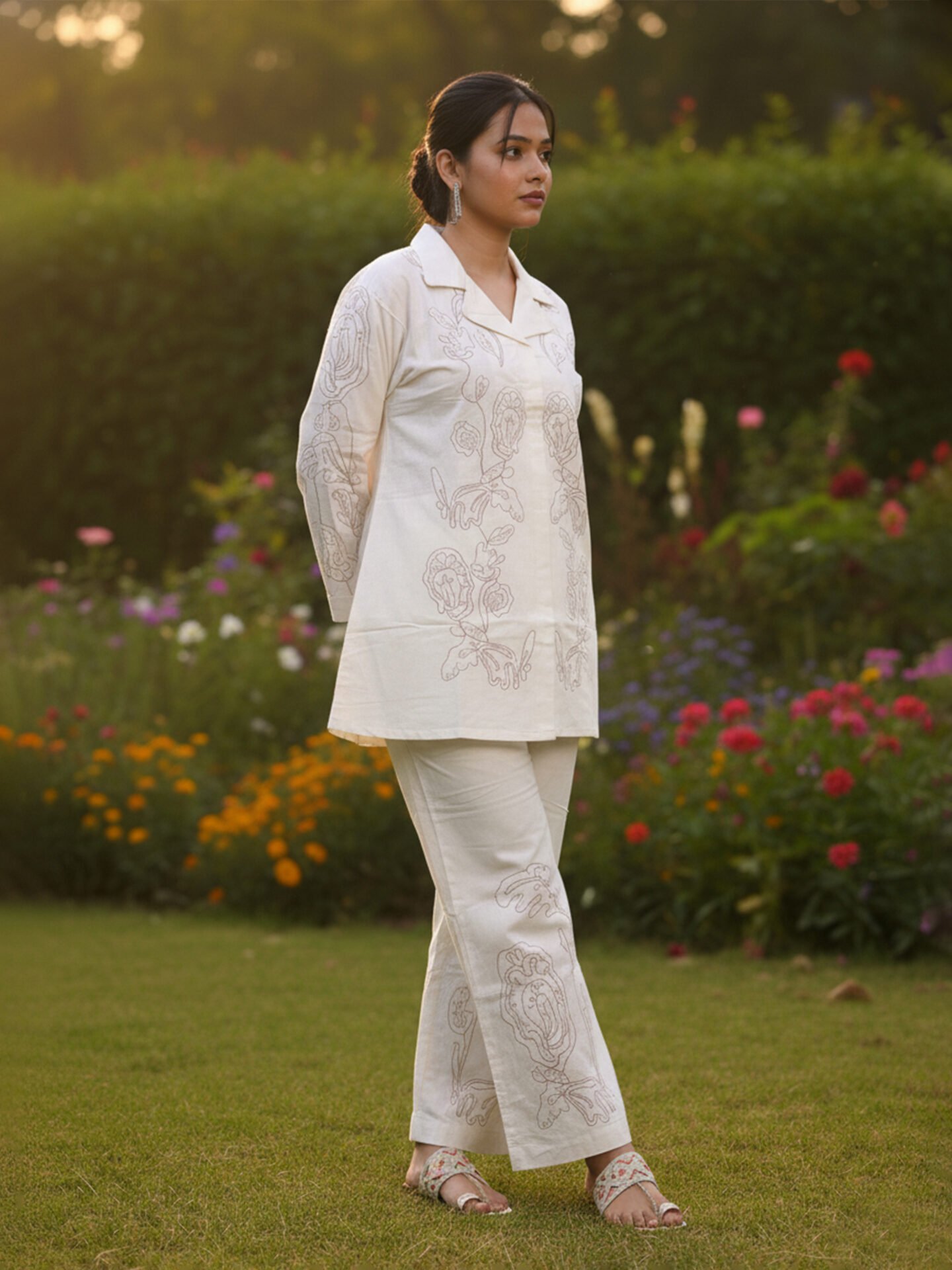 White Line-Art Embroidered Shirt Tunic Set - Image 2