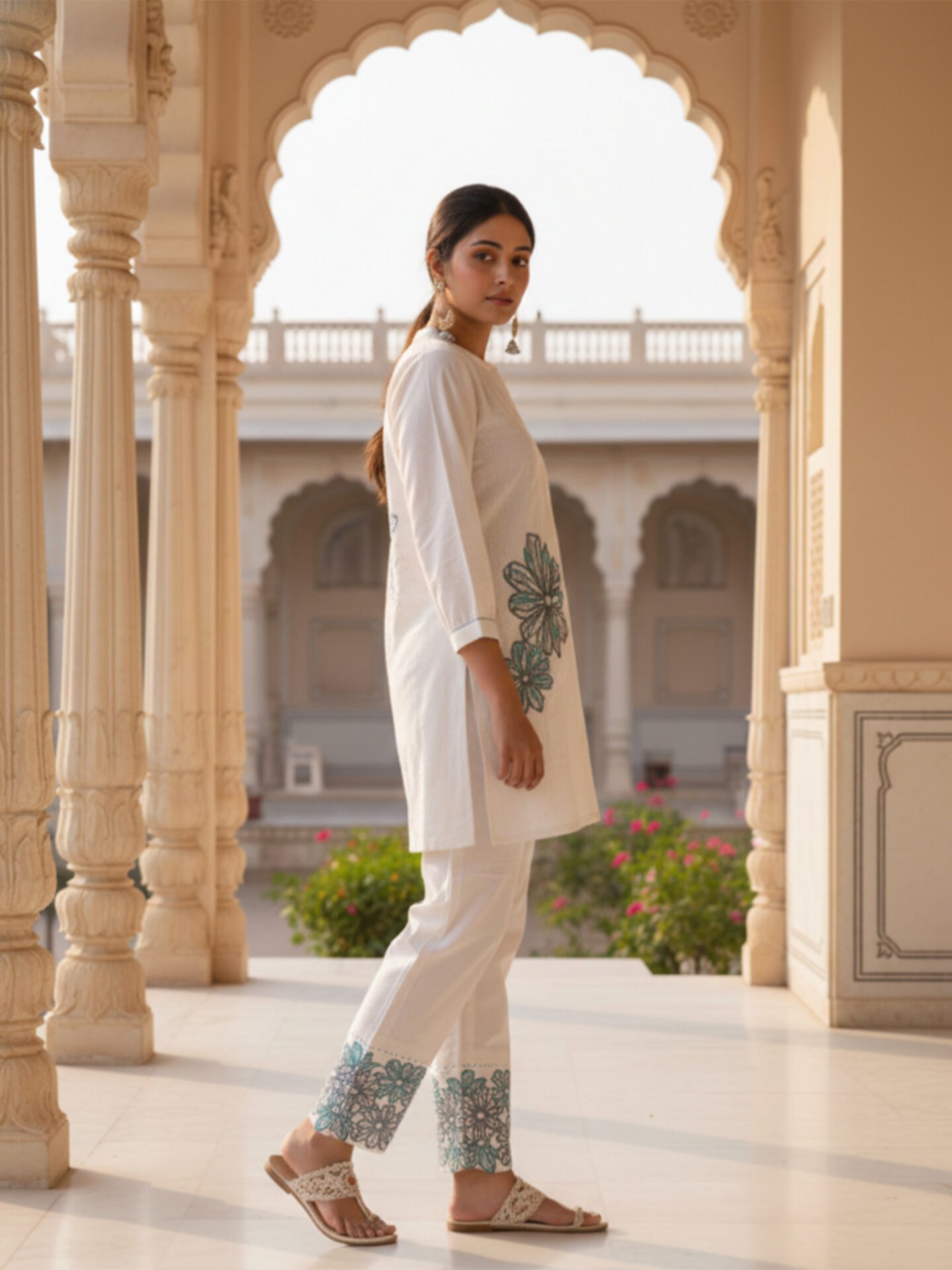 White Floral Embroidered Long Kurta Co-Ord Set - Image 4