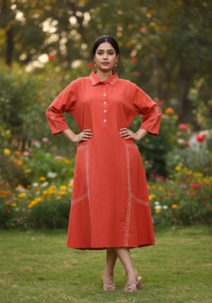 Coral Orange Collared Tunic Dress