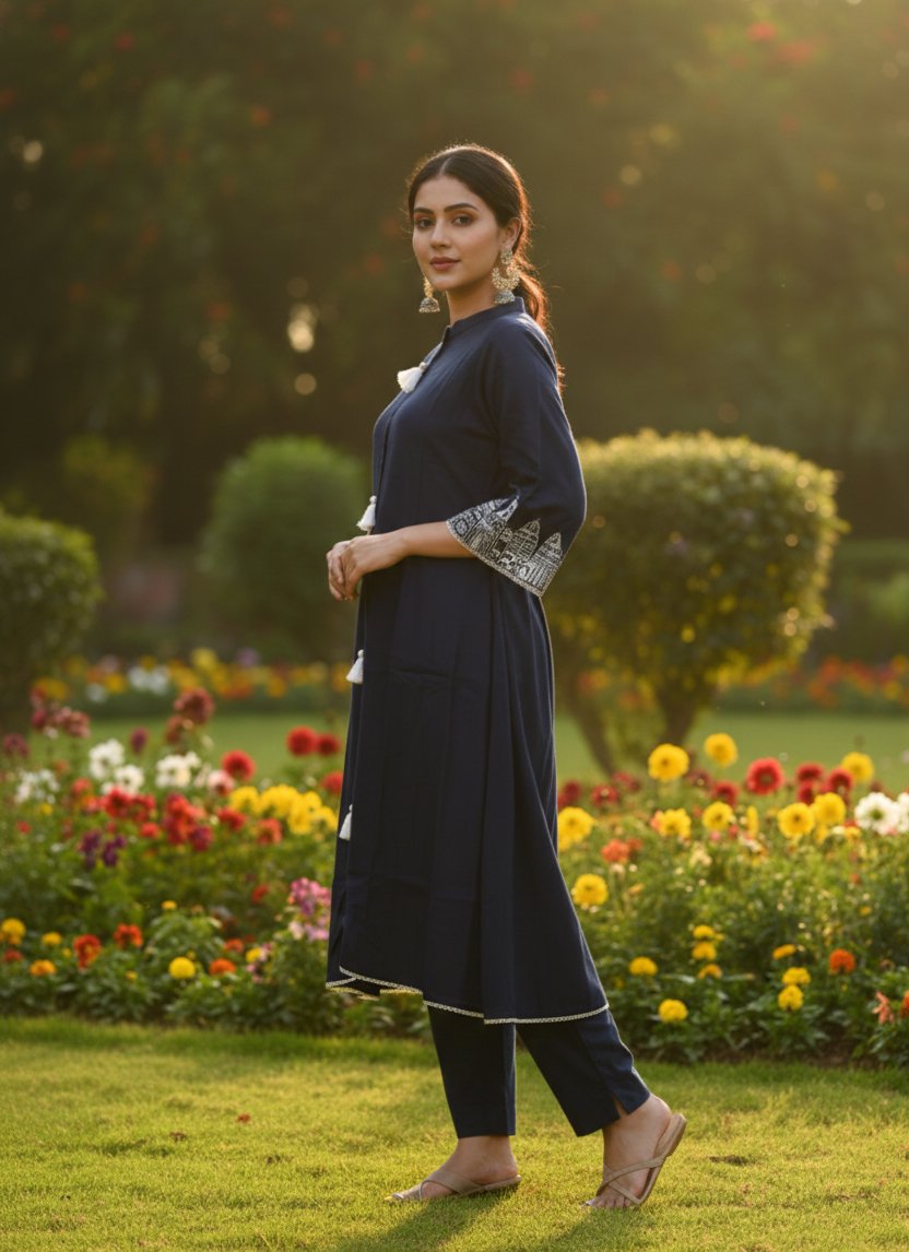 Navy Blue Tassel Detail Embroidered Kurta - Image 2