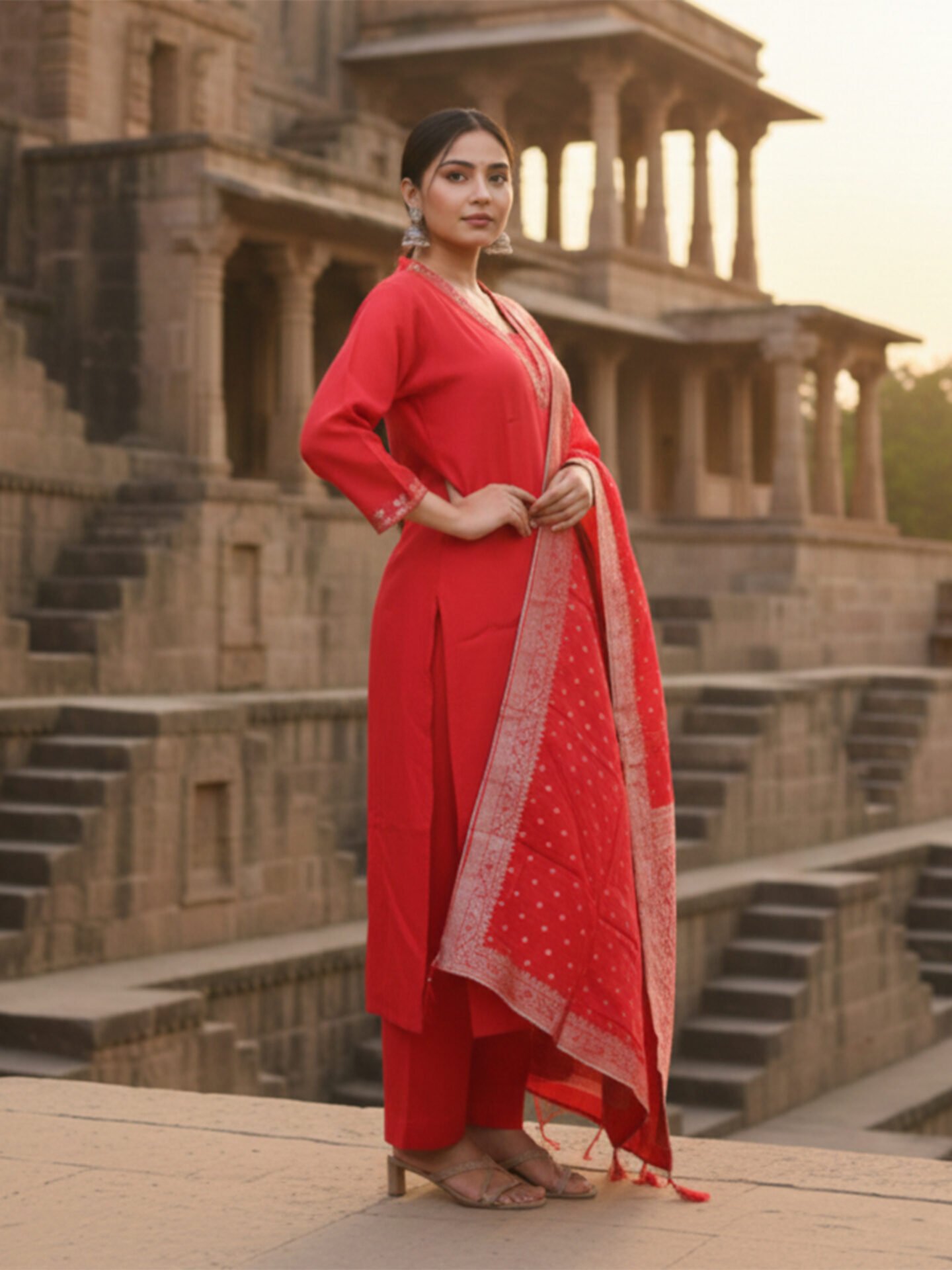 Red Embroidered Kurta Set with Banarasi Dupatta - Image 4
