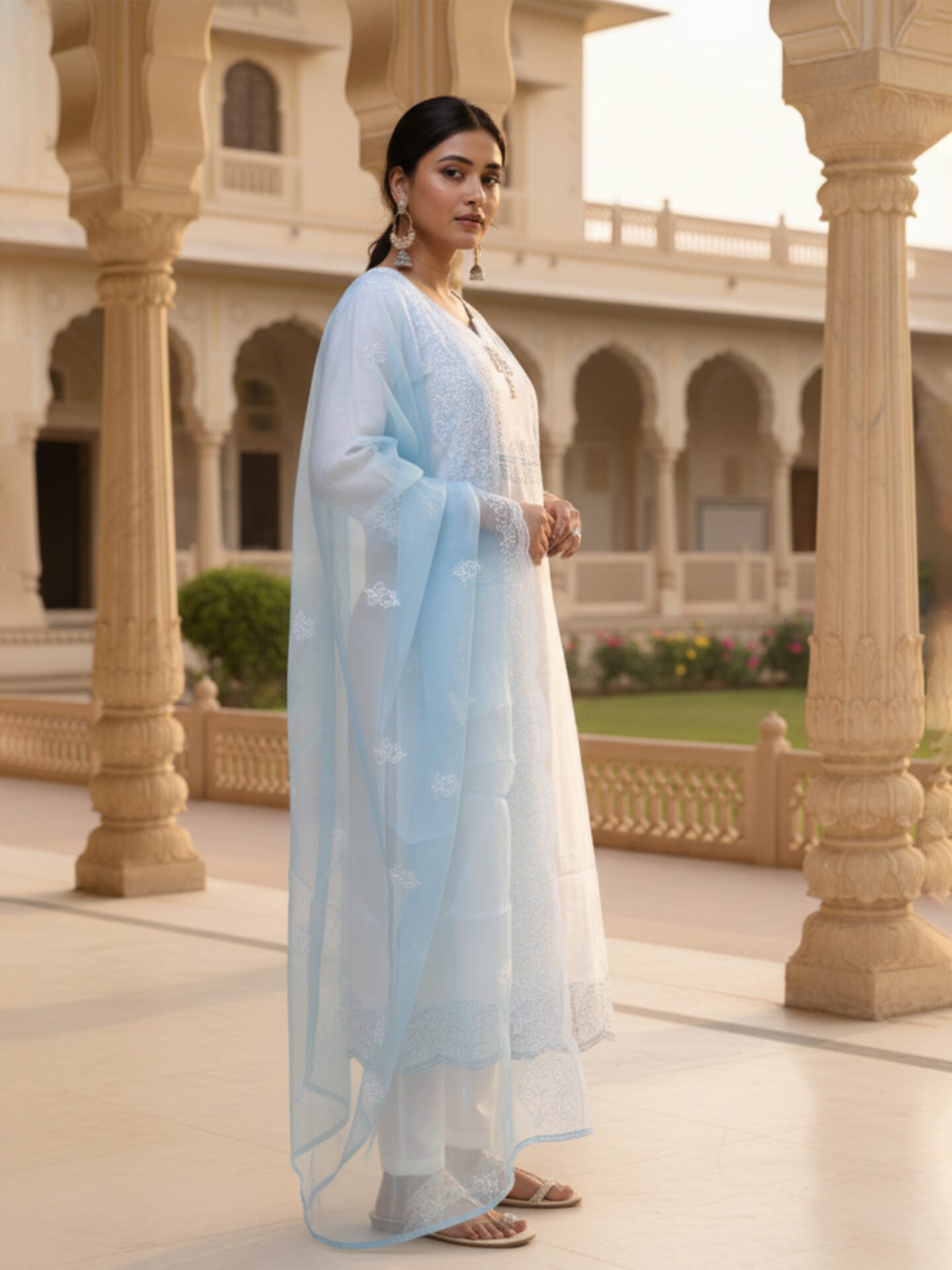 White and Sky Blue Embroidered Kurta Set with Organza Dupatta - Image 3