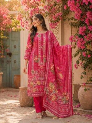 Pink Floral Printed Kurta Set Back View