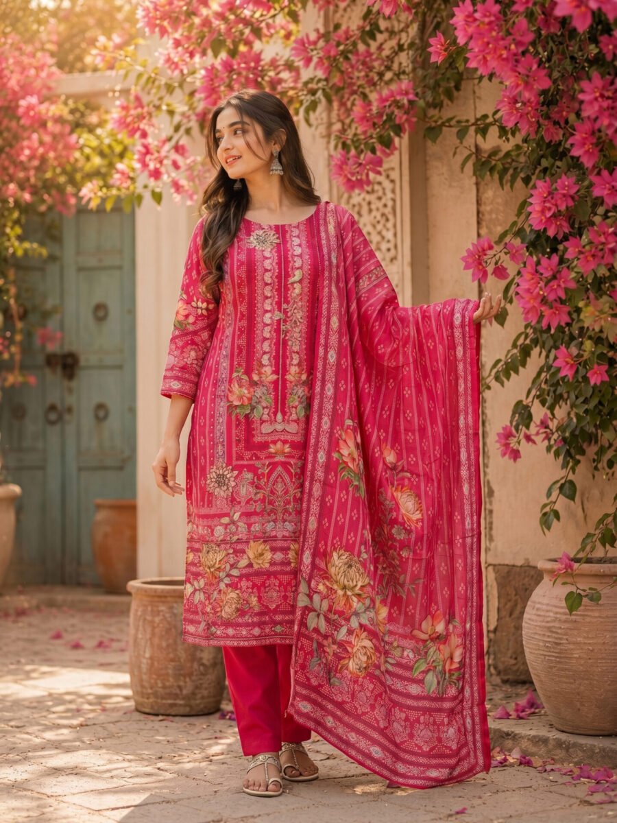 Pink Floral Printed Kurta Set Back View
