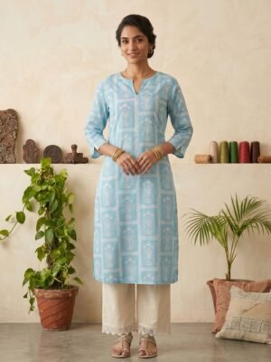 Women Sky Blue Printed Long Kurta