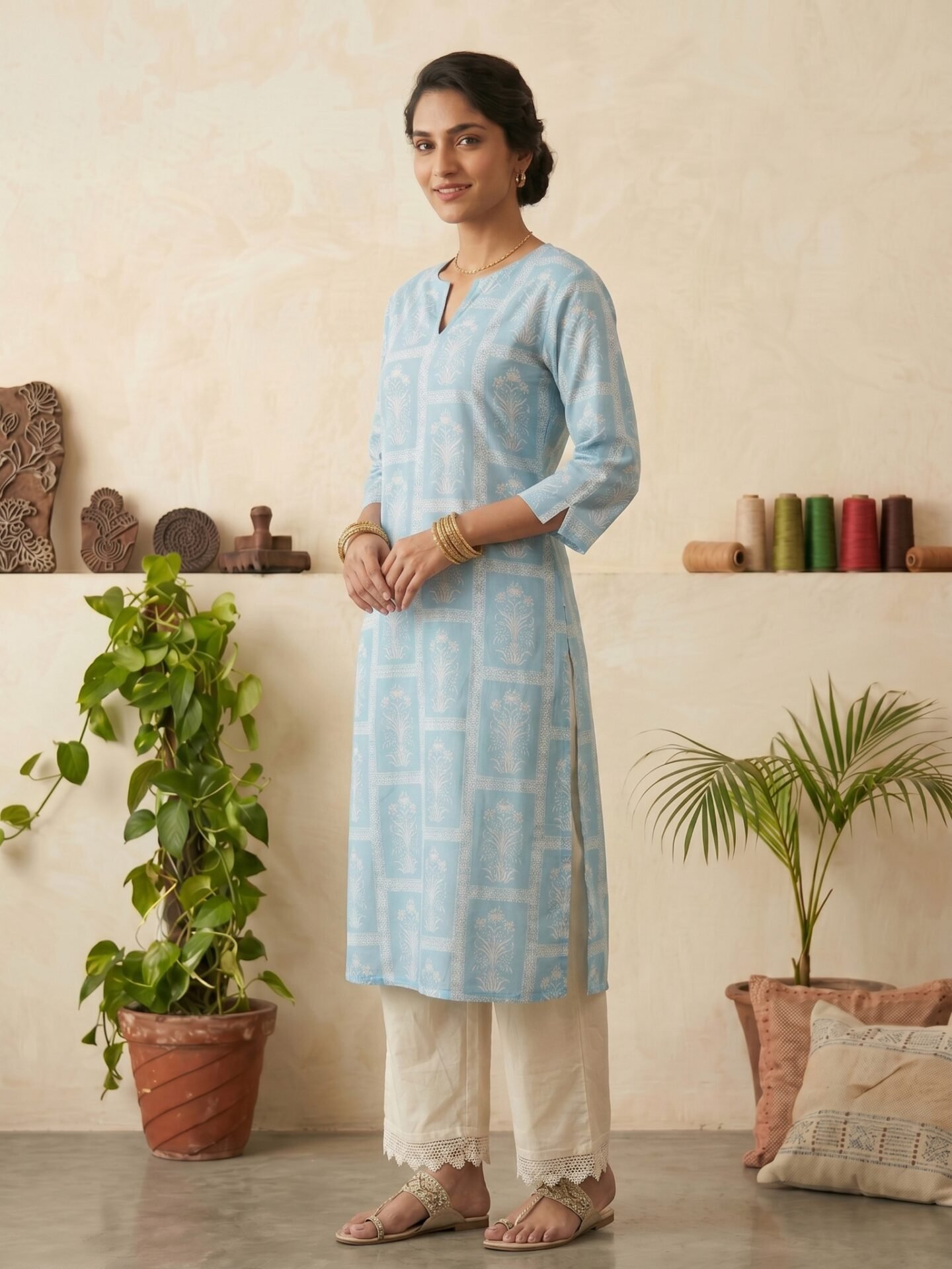 Women Sky Blue Printed Long Kurta with White Lace Palazzo - Image 2