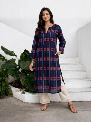 Women Navy Blue Lotus Printed Long Kurta