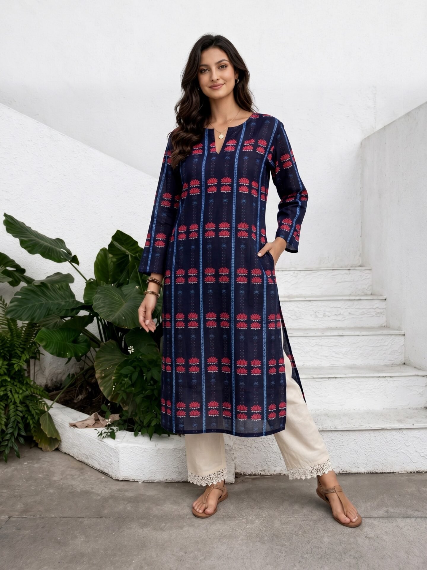 Women Navy Blue Lotus Printed Long Kurta with White Lace Palazzo
