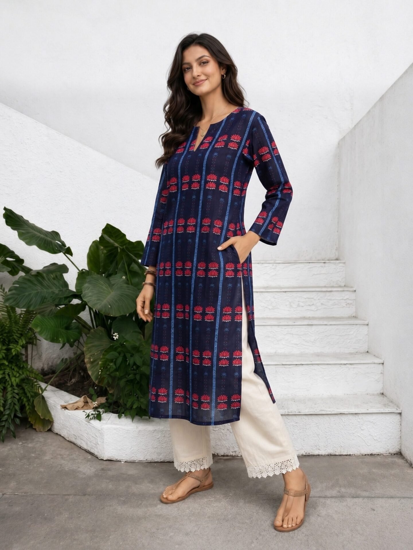 Women Navy Blue Lotus Printed Long Kurta with White Lace Palazzo - Image 2