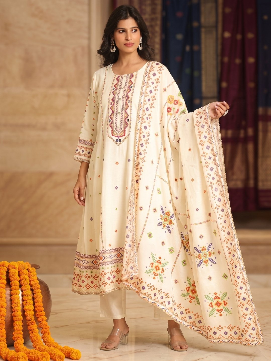 Patola Print Chanderi Silk Anarkali Suit Set - Image 2
