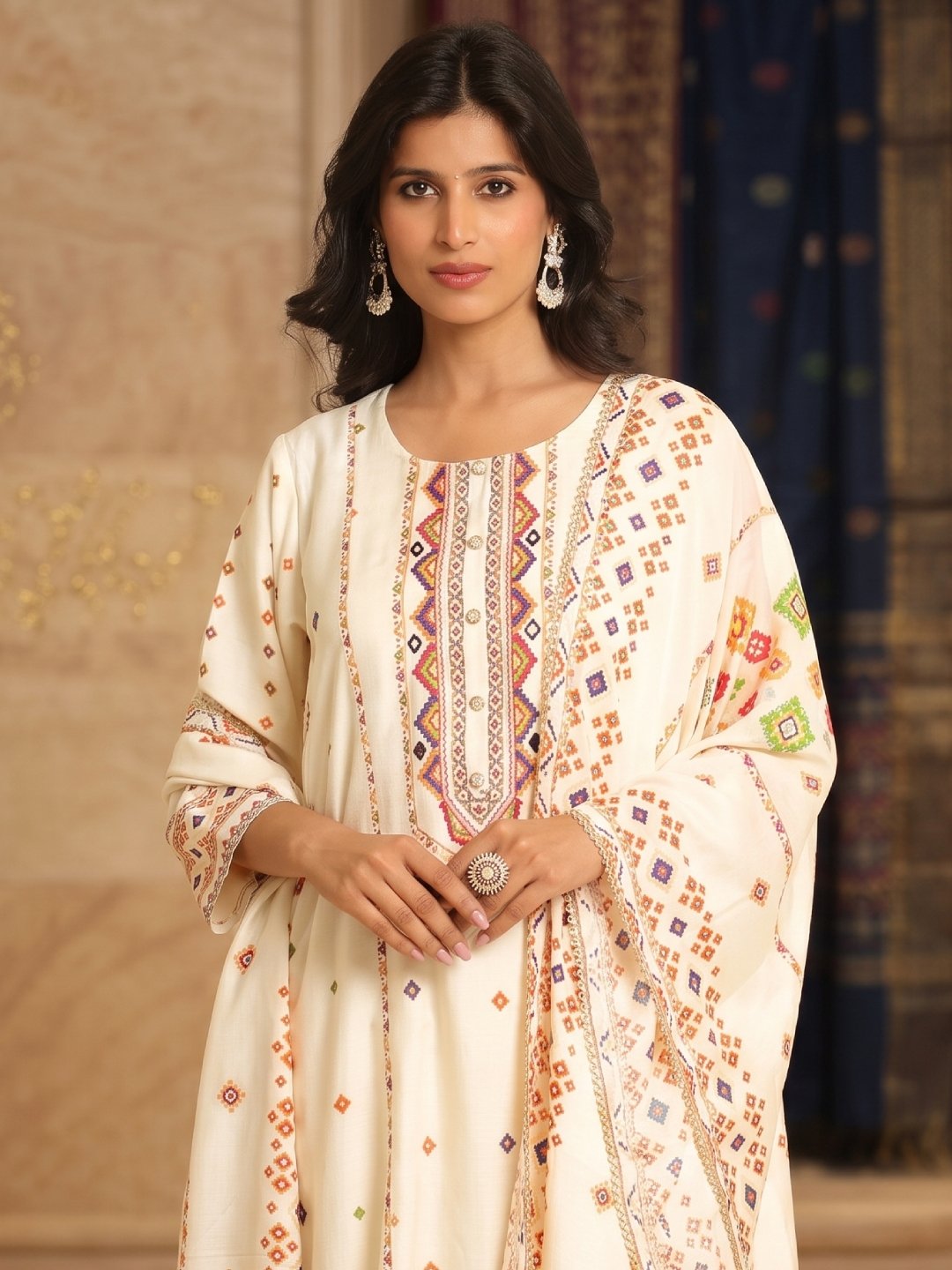 Patola Print Chanderi Silk Anarkali Suit Set - Image 3