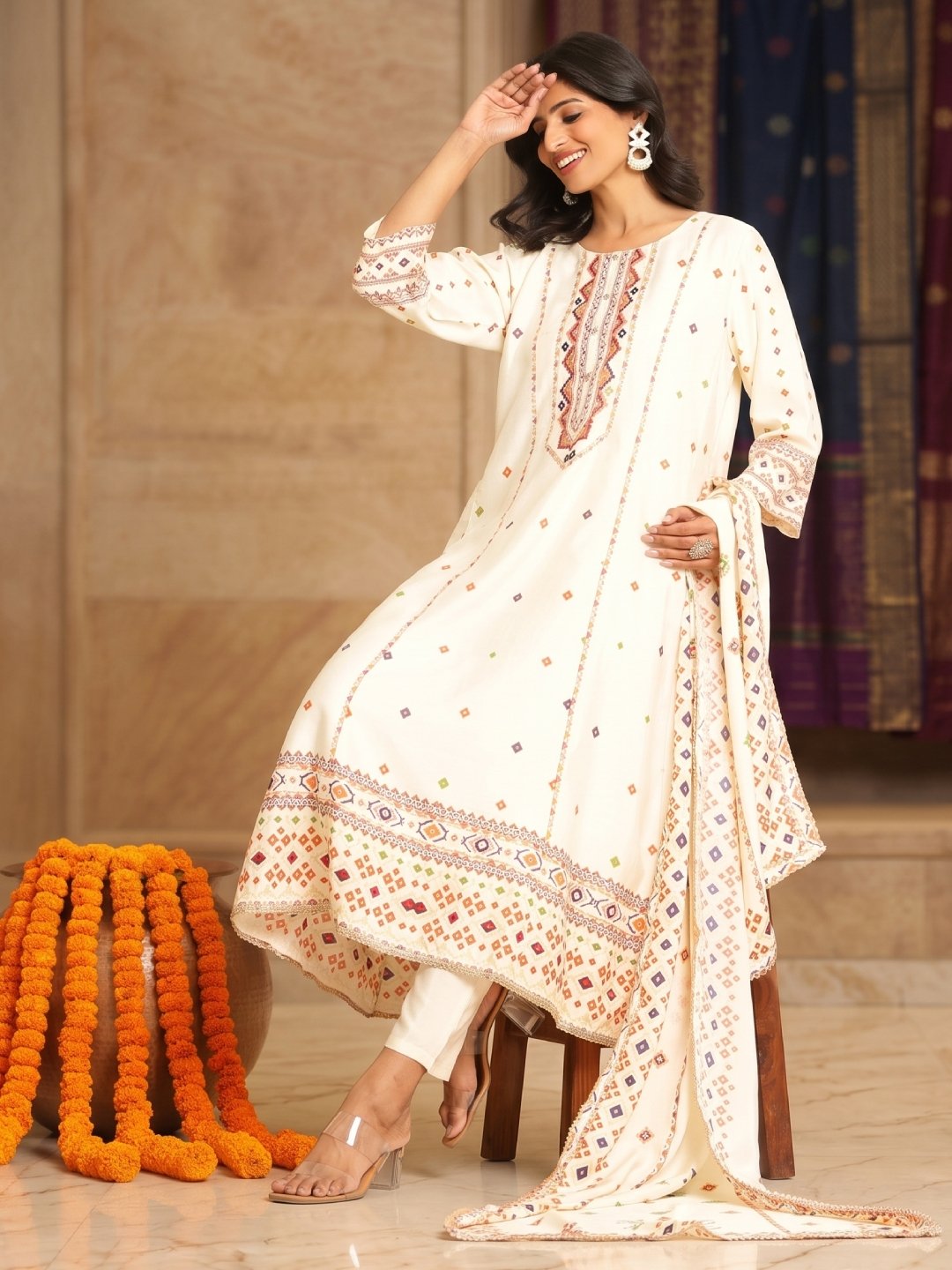 Patola Print Chanderi Silk Anarkali Suit Set - Image 4
