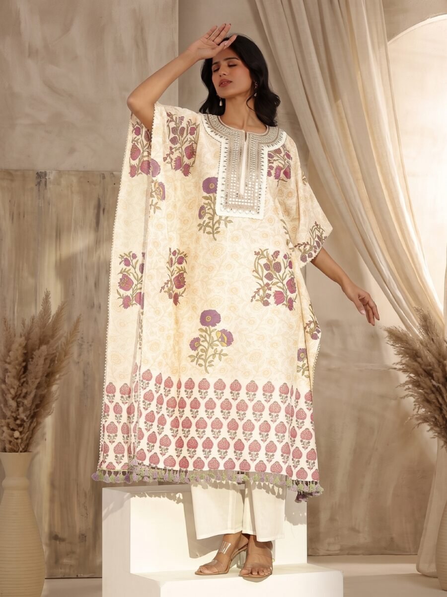 Jaal Pattern Cotton Block Printed Kaftan Set