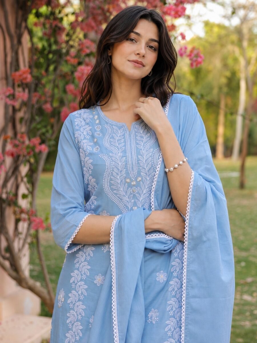 Cotton Mulmul Chikankari Embroidered Suit Set