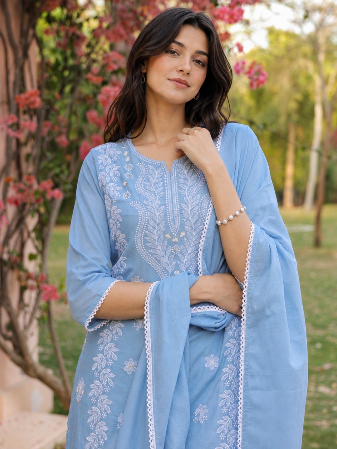 Cotton Mulmul Chikankari Embroidered Suit Set
