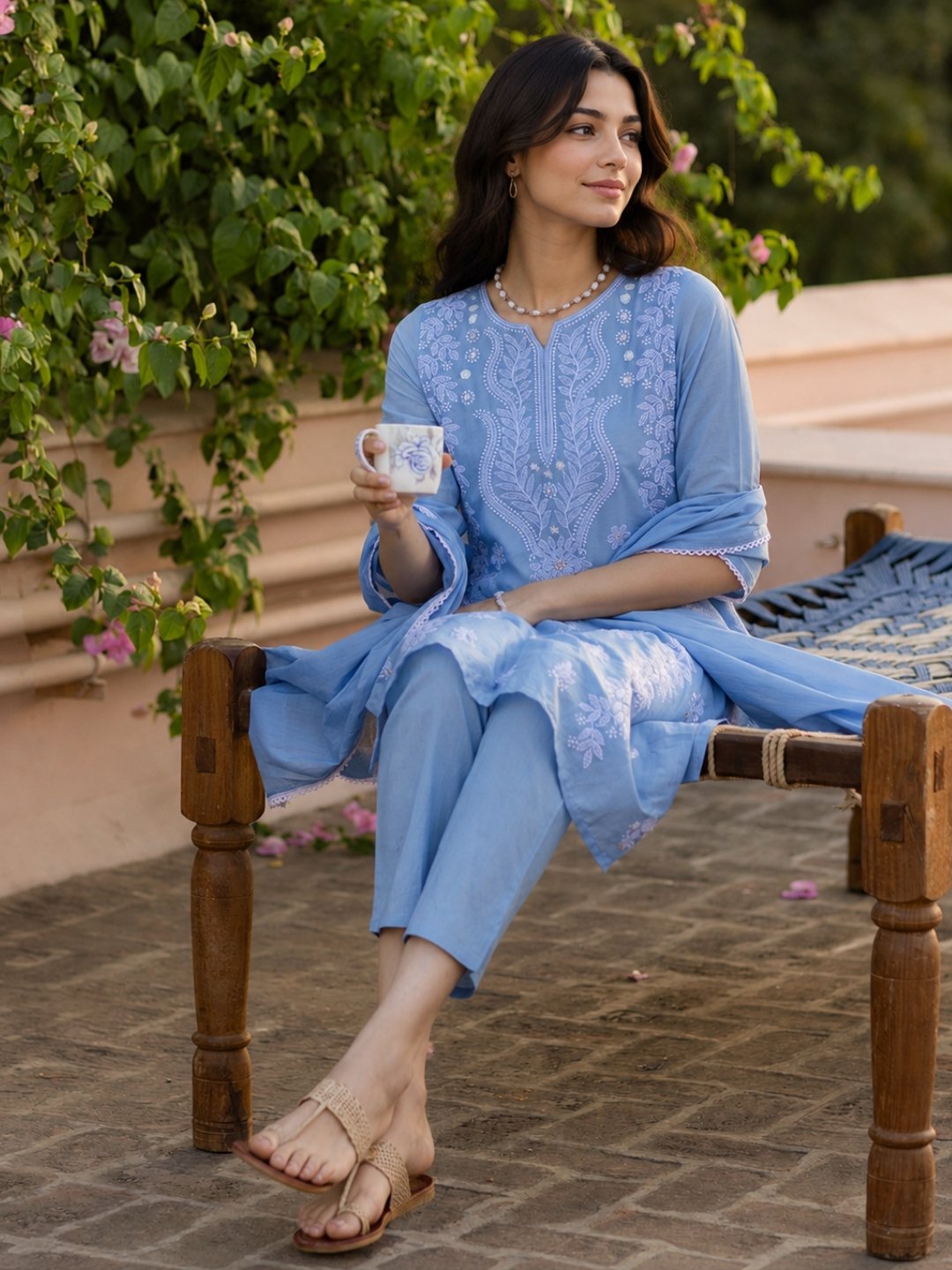 Cotton Mulmul Chikankari Embroidered Suit Set - Image 2
