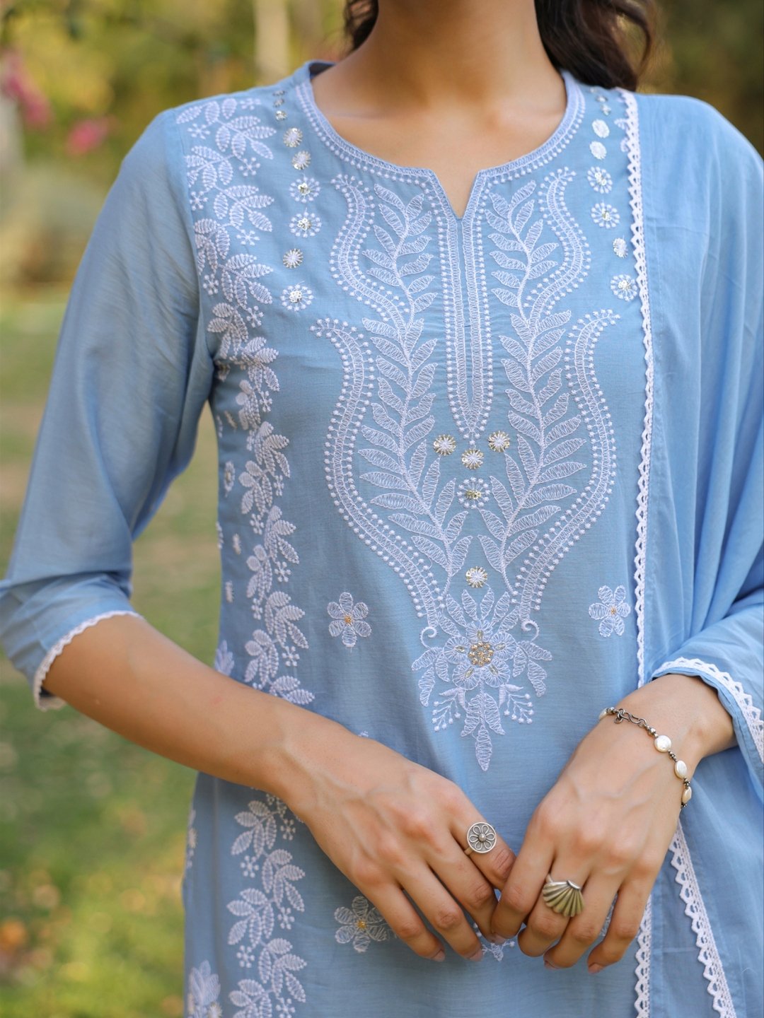 Cotton Mulmul Chikankari Embroidered Suit Set - Image 3