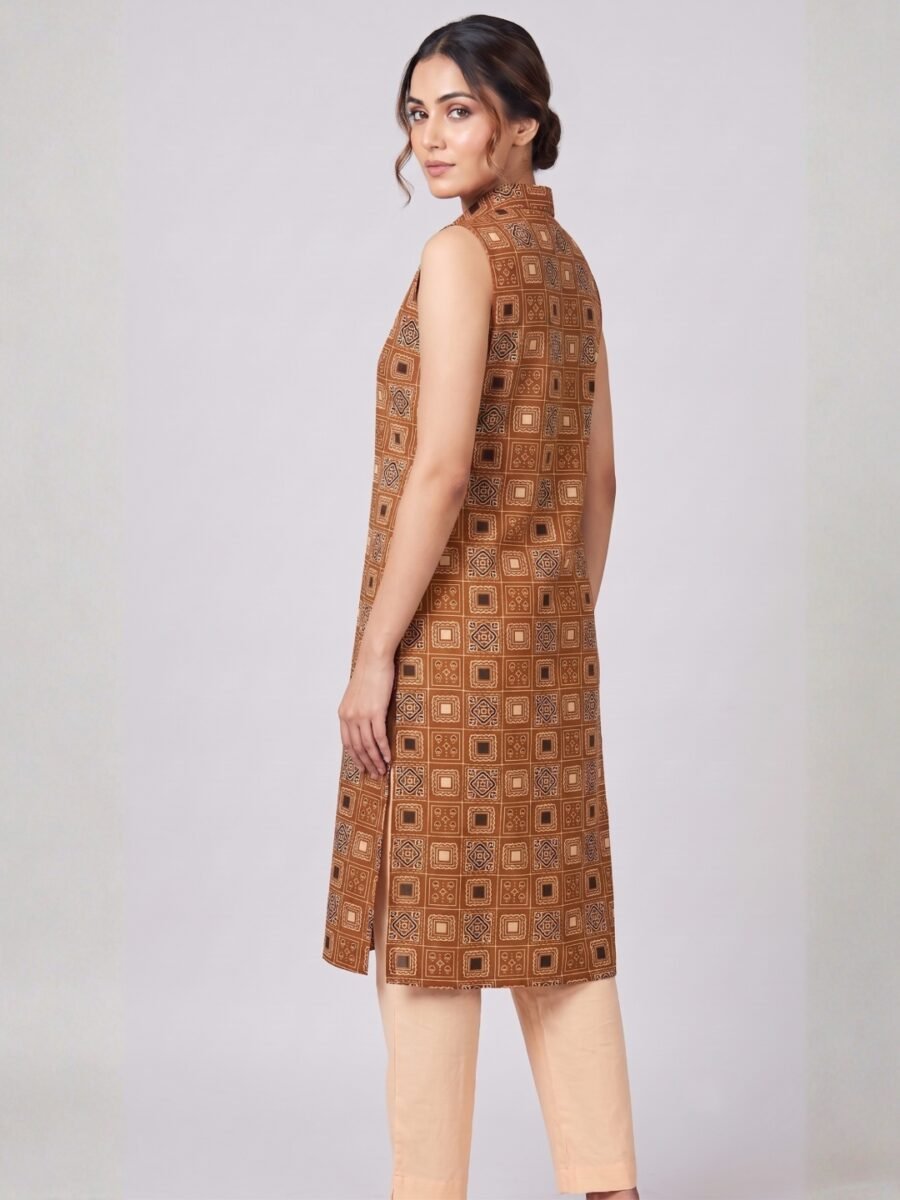 Mustard Geometrical Print Sleeveless Kurta Set