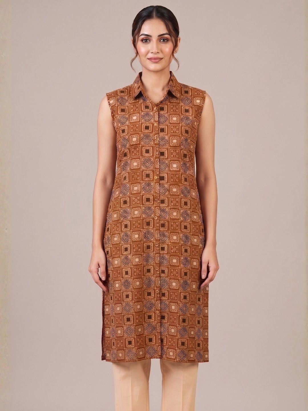 Mustard Geometrical Print Sleeveless Kurta Set - Image 3
