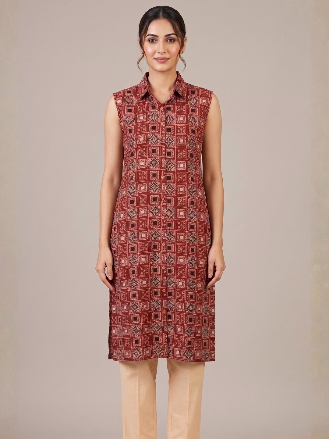 Rust Geometrical Print Cotton Kurta Set - Image 3