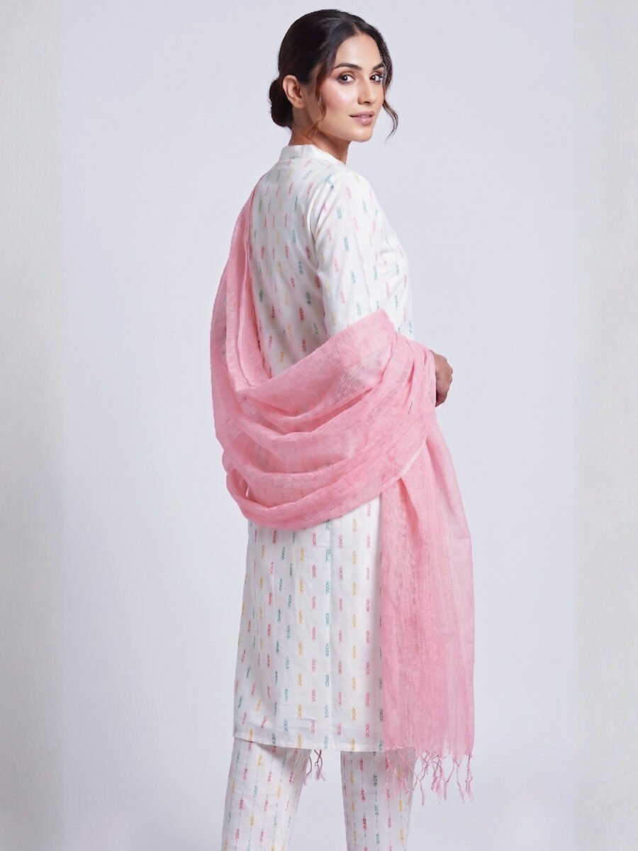 White Cotton Suit Set with Pink Dupatta