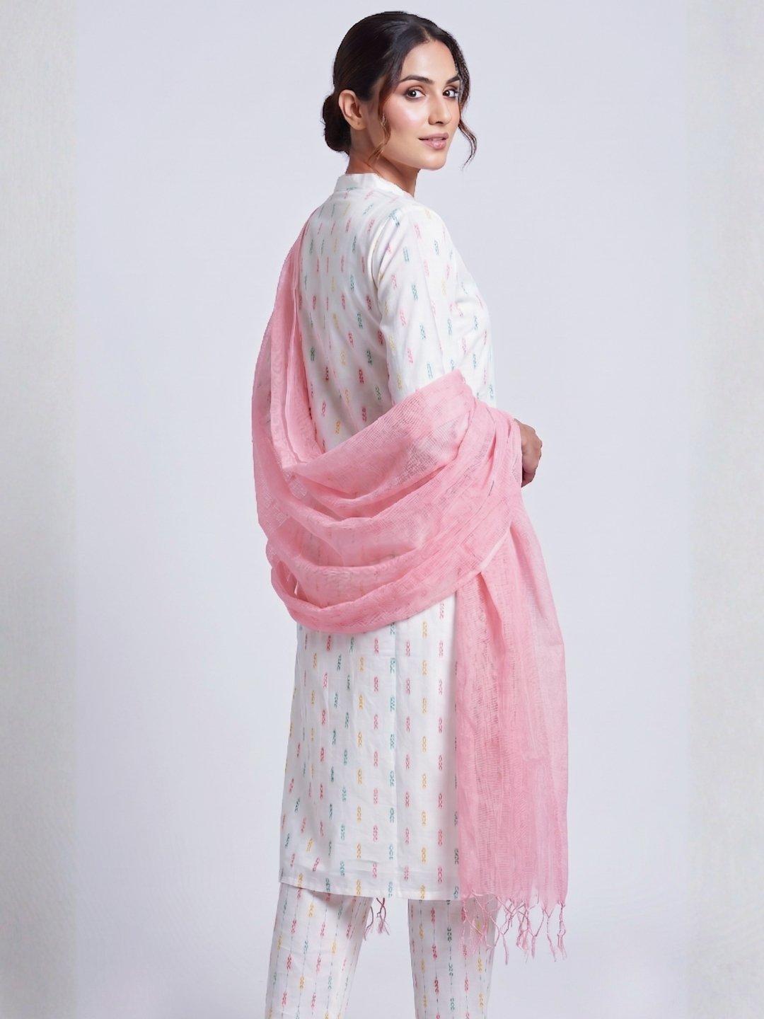 White Cotton Suit Set with Pink Dupatta