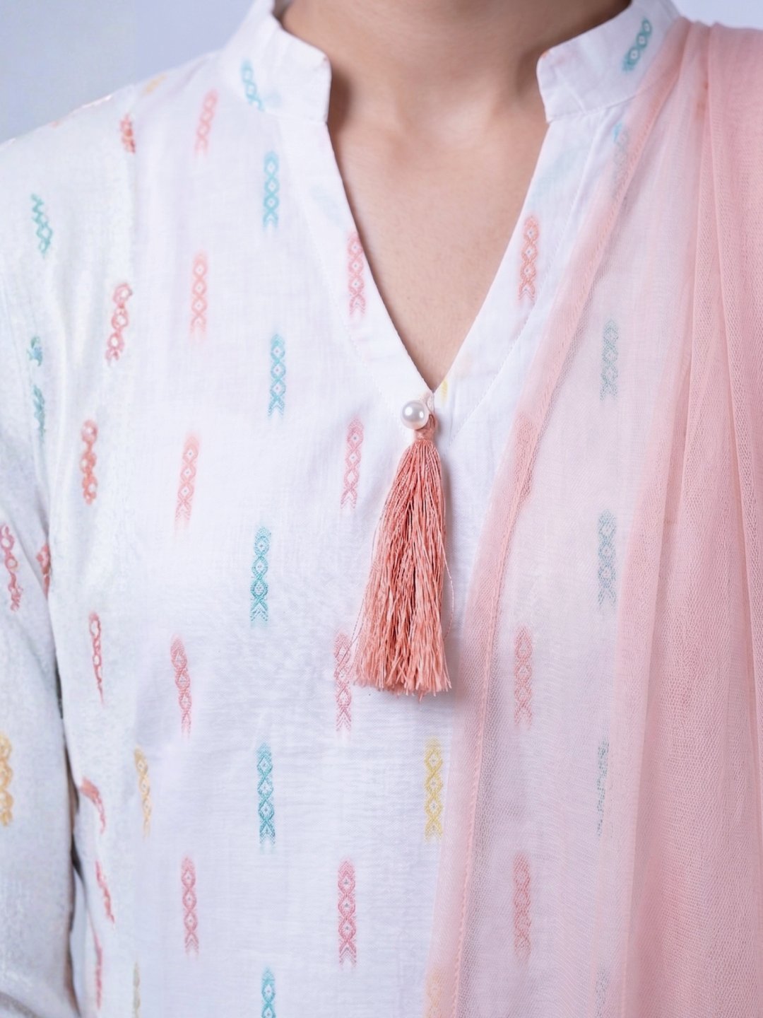 White Cotton Suit Set with Pink Dupatta - Image 2