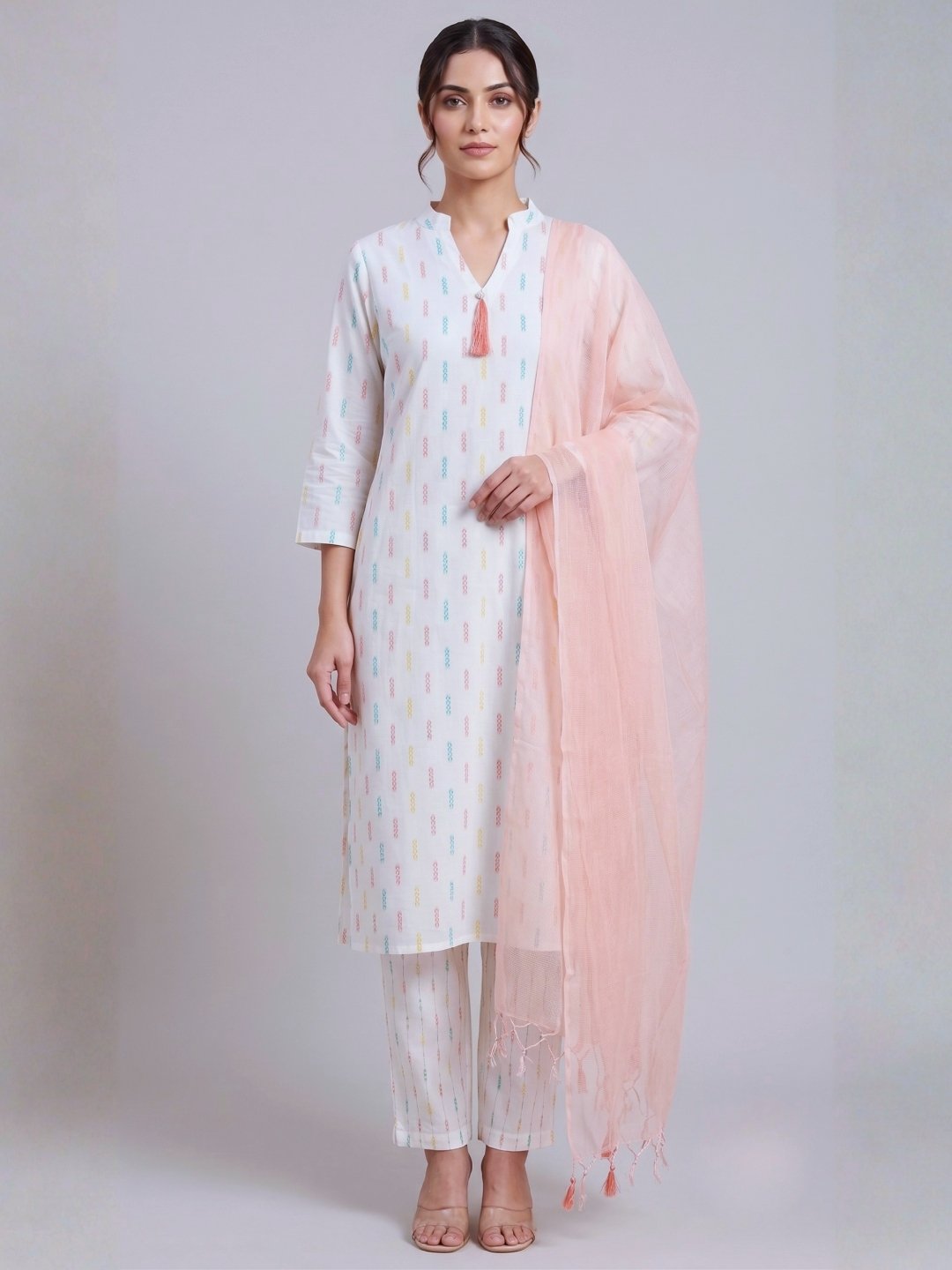 White Cotton Suit Set with Pink Dupatta - Image 3