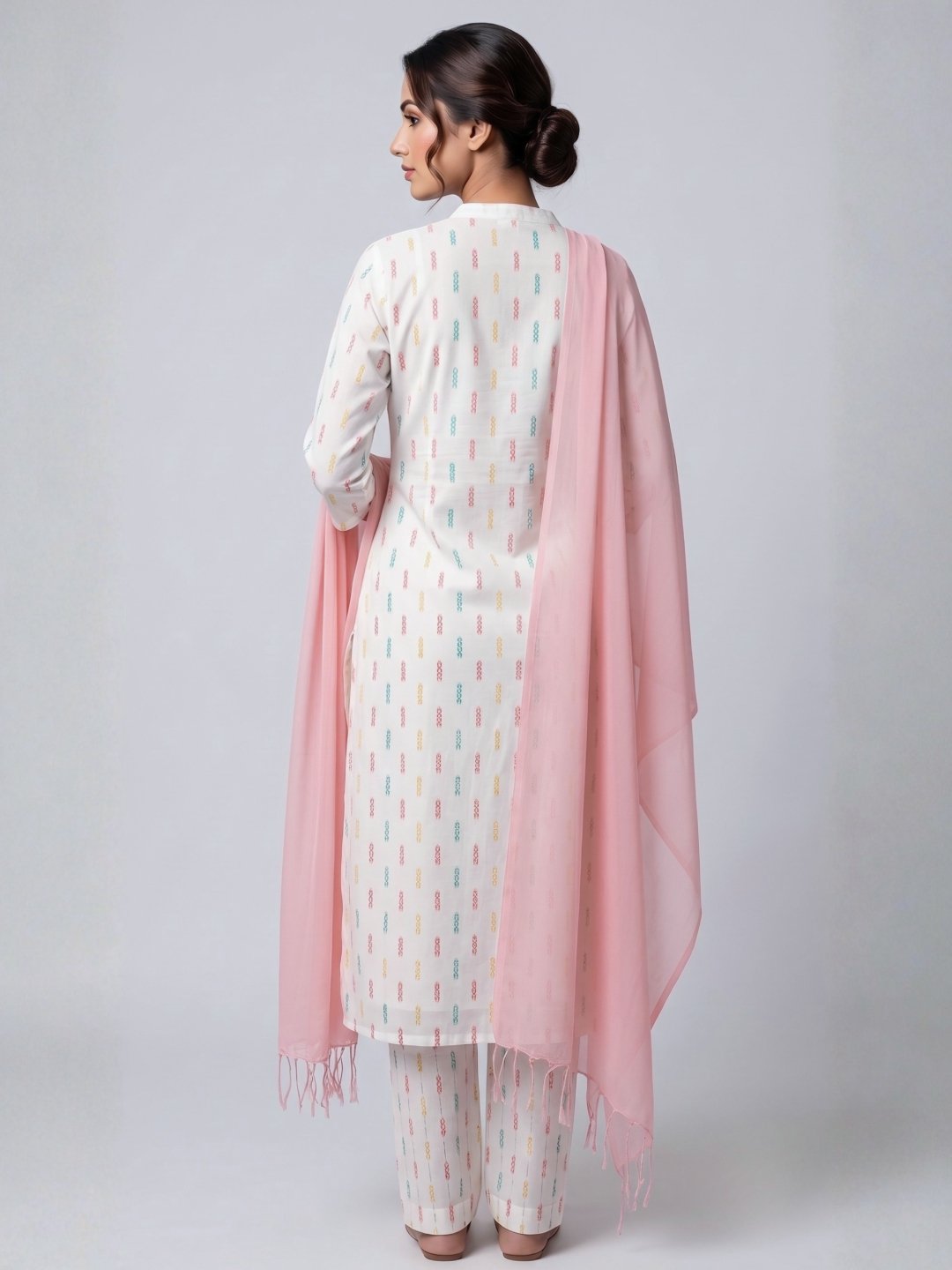 White Cotton Suit Set with Pink Dupatta - Image 4