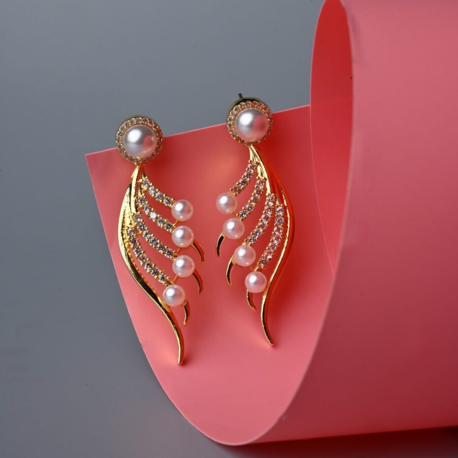 Gold-Plated Cubic Zirconia & Pearl Feather Earrings