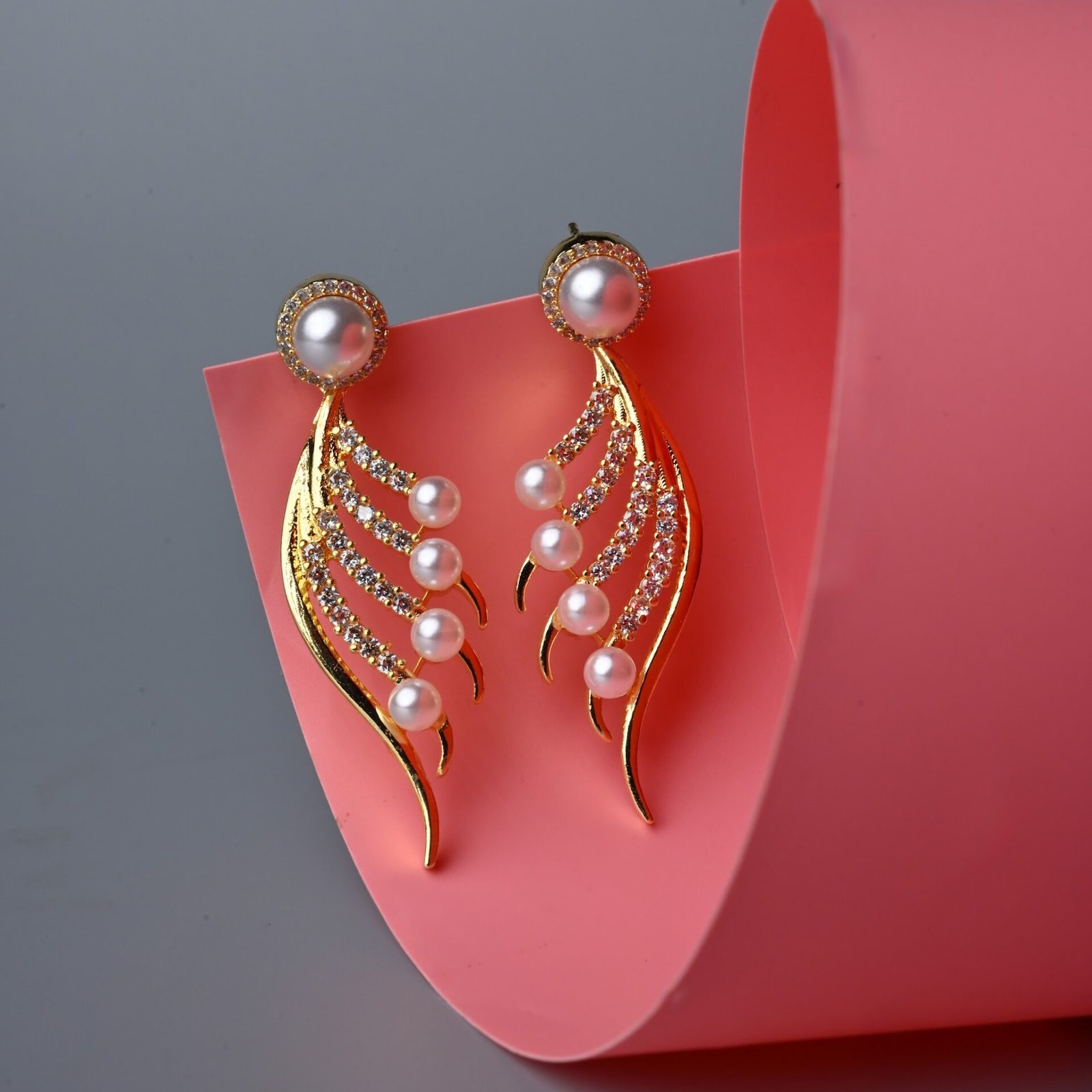 Gold-Plated Cubic Zirconia & Pearl Feather Earrings