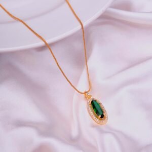 Elongated Oval Halo Design Goldâ€‘Plated Pendant with chain