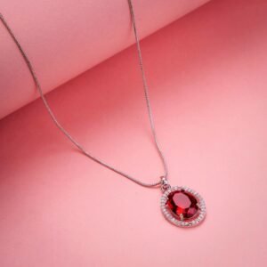 Oval Halo Design Rhodium-Plated Pendant with chain