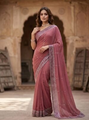 Rose Pink Silver Border Embellished Saree