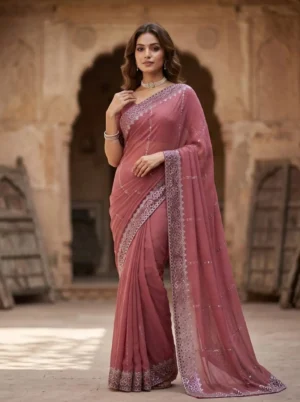 Rose Pink Silver Border Embellished Saree