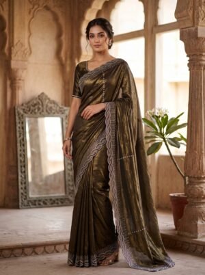 Antique Bronze Shimmer Satin Scalloped Border Saree