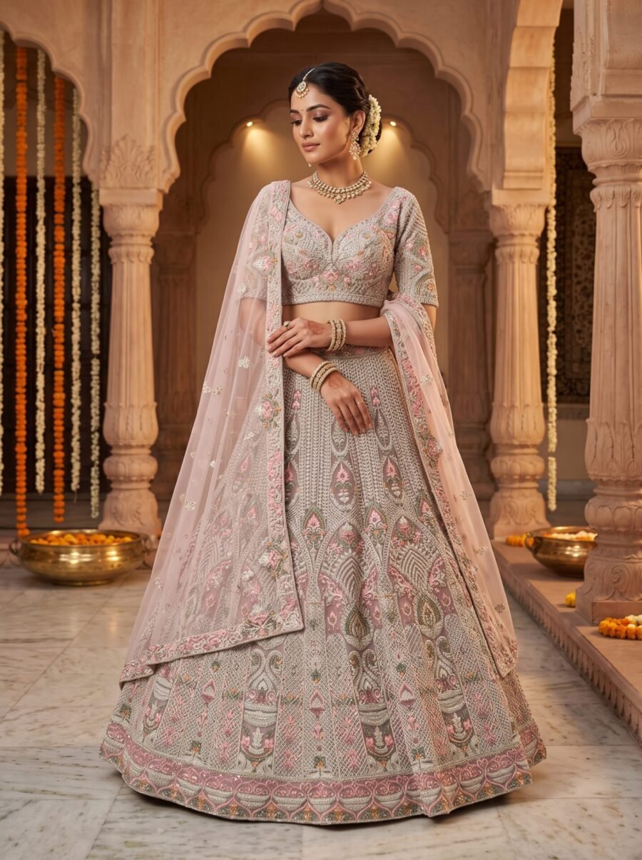 Antique Rose Mauve Kalidaar Embroidered Designer Lehenga Choli