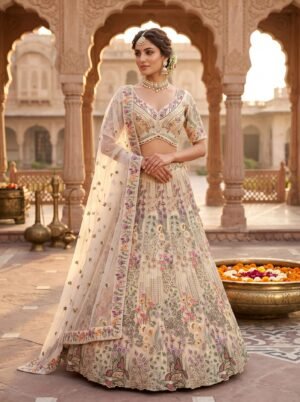 Beige Sand Multi-Hue Floral Embroidered Lehenga with Pearl-Trim Choli